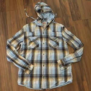 Unionbay Men Plaid Quilted 100% Cotton Long Sleeve Button Down Hooded Shirt sz L